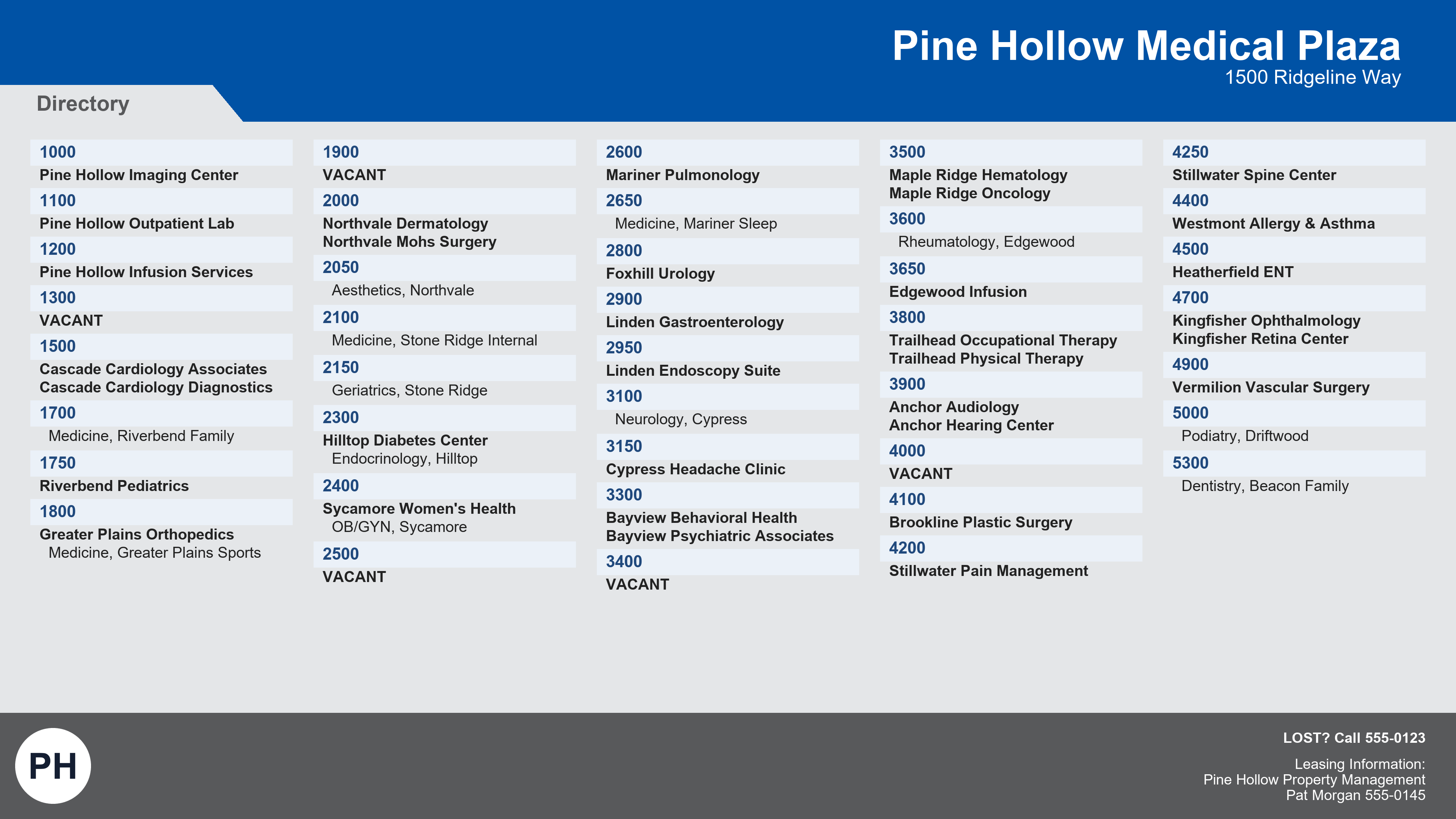 The same Pine Hollow medical-office directory rendered in 4K landscape orientation